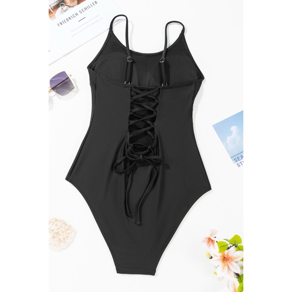 Black Thin Strap Strappy Lace-up Open Back One Piece Swimsuit - Picture 4 of 4